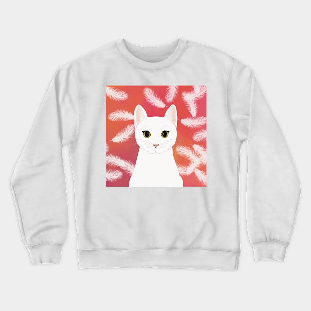 The cute white cat queen is watching you , white feathers on the colorful  background Crewneck Sweatshirt by marina63